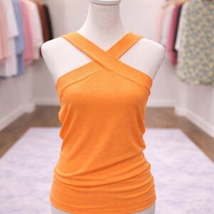 White Birch Ribbed Criss Cross Halter Tank Top Orange Boutique S L XL NWOT